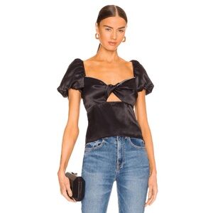 NWT $198 LPA x Revolve | Satin Carmen Puff Sleeve Jeweled Top in Black